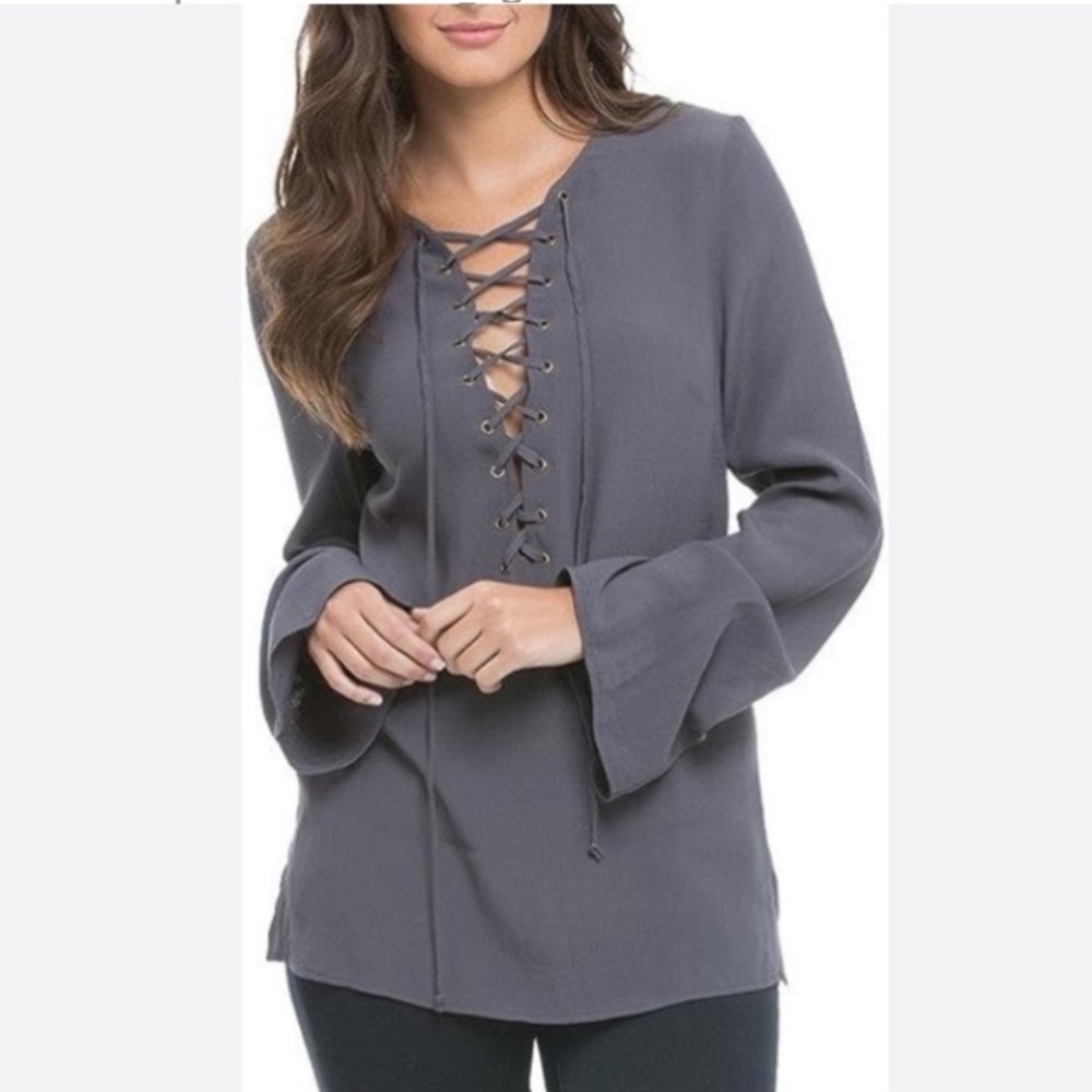 Elan Bell Sleeve Steel Tunic Lace Up Front